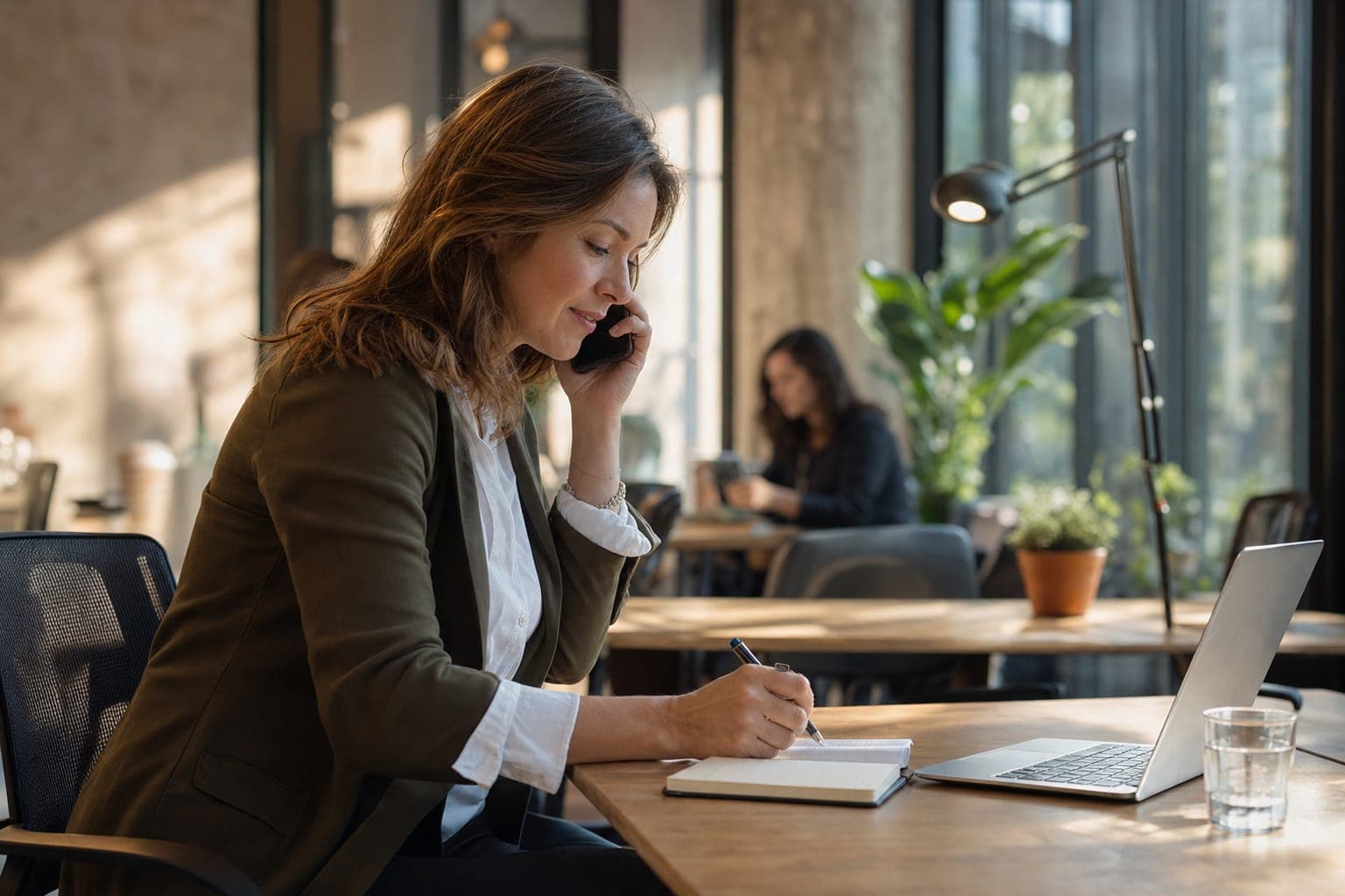 Recruiterin im Telefonat mit Notizblock am Schreibtisch
